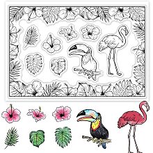 GLOBLELAND 1Sheet Tropical Plants Border Edge Clear Stamp Flamingos and Toucans Transparent Silicone Stamp Butterfly and Hibiscus Flowers Stamp for Scrapbook Journal Card Making