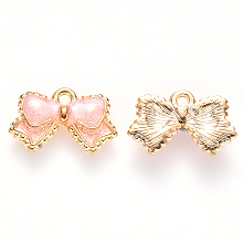 Honeyhandy Alloy Enamel Pendants, Bowknot, Light Gold, Pink, 10x16x2mm, Hole: 1.4mm