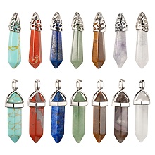 Honeyhandy 14Pcs 14 Style Chakra Natural & Synthetic Gemstone Pendants, with Platinum Tone Brass/Alloy Findings, Bullet, 33~45x8~12mm, hole: 3x2mm, 1pc/style