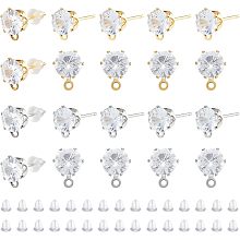 SUPERFINDINGS 16 Pairs Brass Cubic Zirconia Stud Earring Findings with 40Pcs Plastic Ear Nuts for Earrings Jewelry Making, Hole: 1mm, Pin: 0.7mm