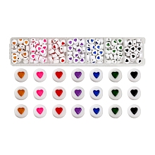 Honeyhandy 7 Colors Opaque Acrylic Beads, with Enamel, Flat Round with Heart, Colorful, 6.5x7x3.5mm, hole: 1.8mm, 35-38pc/colors, 245~266Pcs