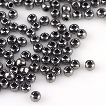 Honeyhandy 12/0 Grade A Round Glass Seed Beads, Metallic Colours, Dark Gray, 12/0, 2x1.5mm, Hole: 0.3mm, about 30000pcs/bag