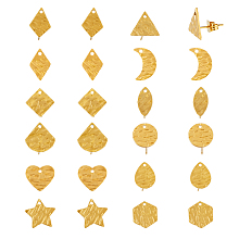 SUPERFINDINGS 24Pcs 12 Style 304 Stainless Steel Stud Earring Findings, with Hole and Ear Nuts, Rhombus & Hexagon & Star & Heart & Moon Shape, Golden, 10~12x6~12mm, Hole: 1mm, Pin: 0.6mm, 2pcs/style