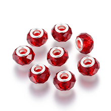 Honeyhandy Handmade Glass European Beads, Large Hole Beads, Silver Color Brass Core, Dark Red, 14x8mm, Hole: 5mm