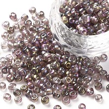 Honeyhandy Glass Seed Beads, Trans. Colors Rainbow, Round, Misty Rose, Size: about 4mm in diameter, hole:1.5mm, about 1000pcs/100g