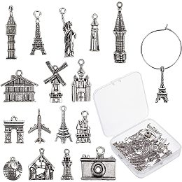 SUNNYCLUE 1 Box 16 Styles Tourist Theme Wine Glass Identifiers Charms Drink Markers Tags Tibetan Style Alloy Pendants Stainless Steel Hoop for Party Favors Decoration Supplies Gifts