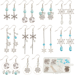 SUNNYCLUE DIY Christmas Snowflake Earring Making Kit, Including Glass Beads, Glass Pearl & Teardrop Beads, Brass Linking Rings & Earring Hooks, Alloy Pendants, Sky Blue, 178Pcs/box