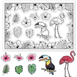 GLOBLELAND 1Sheet Tropical Plants Border Edge Clear Stamp Flamingos and Toucans Transparent Silicone Stamp Butterfly and Hibiscus Flowers Stamp for Scrapbook Journal Card Making