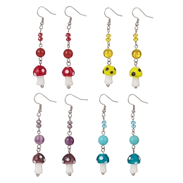 Honeyhandy 4 Pair 4 Style Natural & Synthetic Mixed Gemstone with Lampwork Mushroom Dangle Earrings, 316 Surgical Stainless Steel Long Tassel Drop Earrnigs for Women, Mixed Color, 69~70mm, Pin: 0.6mm, 1 Pair/style