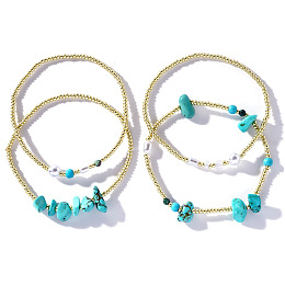 Synthetic Turquoise Chip & Imitaiton Pearl Beaded Stretch Bracelet Sets, Summer Beach Stackable Bracelets for Women