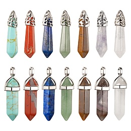 Honeyhandy 14Pcs 14 Style Chakra Natural & Synthetic Gemstone Pendants, with Platinum Tone Brass/Alloy Findings, Bullet, 33~45x8~12mm, hole: 3x2mm, 1pc/style