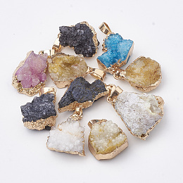 Natural Druzy Agate Pendants, Druzy Trimmed Stone, Dyed, Nuggets, Mixed Color, 23~40x13~30x7~20mm, Hole: 3x6mm