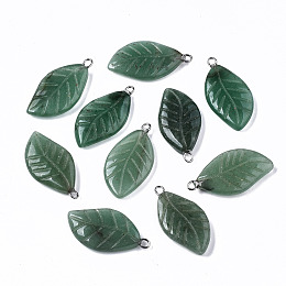 Honeyhandy Carved Natural Green Aventurine Pendants, Leaf, 28~29x15x4.5mm, Hole: 1.8mm