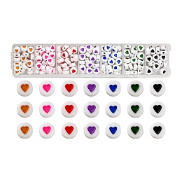 Honeyhandy 7 Colors Opaque Acrylic Beads, with Enamel, Flat Round with Heart, Colorful, 6.5x7x3.5mm, hole: 1.8mm, 35-38pc/colors, 245~266Pcs