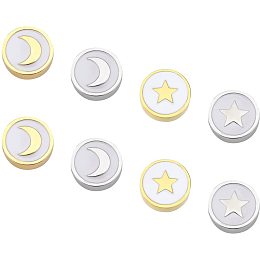 DICOSMETIC 8pcs 2 Styles 9.5mm Golden and Stainless Steel Color Flat Round Enamel Beads Star Enamel Beads Moon Enamel Beads Metal Spacer Beads for Jewelry Making,Hole:2mm