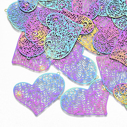 Honeyhandy Ion Plating(IP) 201 Stainless Steel Filigree Pendants, Etched Metal Embellishments, Heart, Rainbow Color, 31x39x0.3mm, Hole: 1.4mm