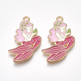 Honeyhandy Alloy Pendants, Cadmium Free & Lead Free, with Enamel, Mermaid Shape, Light Gold, Pink, 30x20x2mm, Hole: 2mm