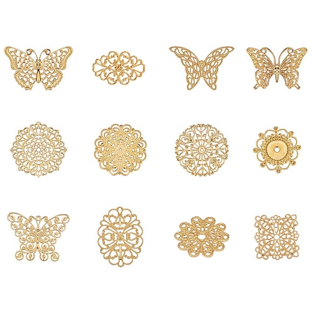 PandaHall Elite 72pcs 12 Style Golden Brass Filigree Flower Links Connectors Charms Pendants DIY Hairpin Headwear Earring Jewelry Making Findings