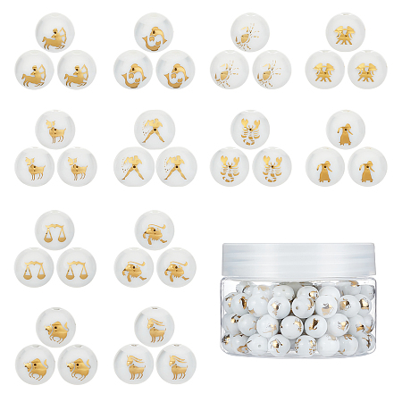 SUNNYCLUE Electroplate Glass Beads, Round with Constellations Pattern, Golden Plated, 10mm, Hole: 1.2mm, 120pcs/box
