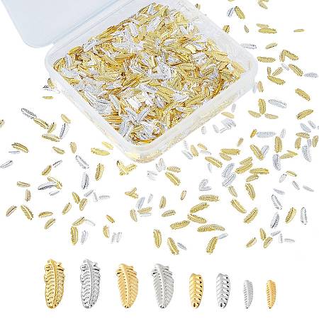 Olycraft Alloy Cabochons, Nail Art Decoration Accessories for Women, Making Jewelry Filling for DIY Jewelry, Feather, Golden & Silver, 8.5x3x0.4mm, 2160pcs/box
