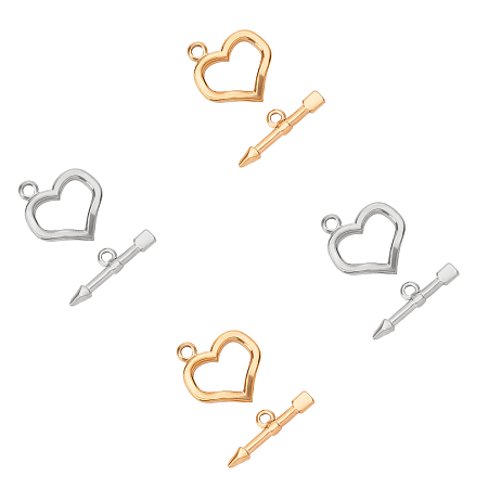 UNICRAFTALE Vacuum Plating 304 Stainless Steel Toggle Clasps, Heart & Arrow, Golden & Stainless Steel Color, Ring: 20x18x3mm, Hole: 2mm; Bar: 23.5x6.5x2.5mm, Hole: 1.8mm, 2 Colors, 2sets/color, 4sets/box