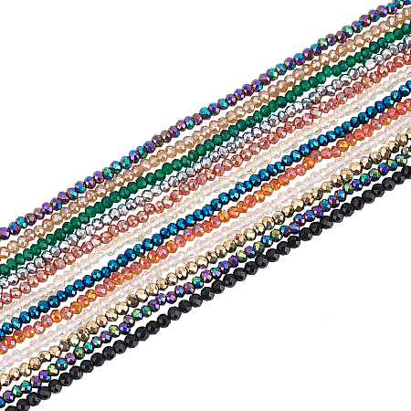 Electroplate Glass Beads Strands, Faceted, Mixed Style, Rondelle, Mixed Color, 2x1.5mm, Hole: 0.6mm; about 235~247pcs/Strand, 14.57~14.76 inches(37~37.5cm); 12 colors, 1strand/color, 12strands/box