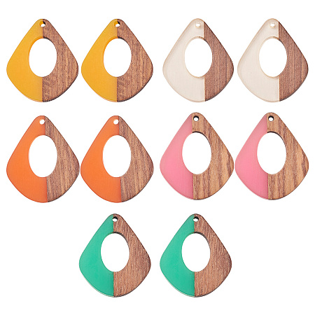 SUNNYCLUE Resin & Wood Pendants, Teardrop, Mixed Color, 32.5x27.5x2.5~4mm, Hole: 1.5mm; 5colors, 2pcs/color, 10pcs/box