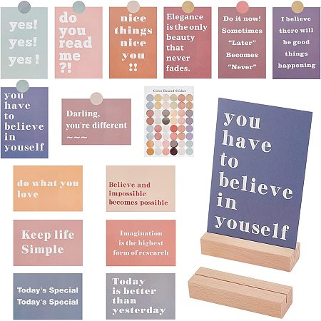 GORGECRAFT 17Pcs Inspirational Quote Cards Positive Affirmations Motivational Desk Display Notes Wood Table Stands Colorful Round Stickers for Men Women Work Home Office Decorations