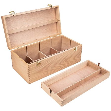 BENECREAT Large Multi-Function Artist Wood Pastel Double Layer Beechwood Storage Box with Adjustable Compartments for Pencils, Pens, Markers, Brushes, and Other Tools - 16x8x6 Inches