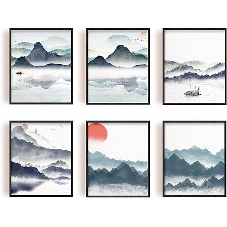 SUPERDANT Landscape Unframed Canvas Prints Mountain Pictures 6Pcs Watercolor Wall Art Prints Fishing Boat Ink Wash Painting Chinese Painting Canvas Print Room Decor for Living Room Bedroom