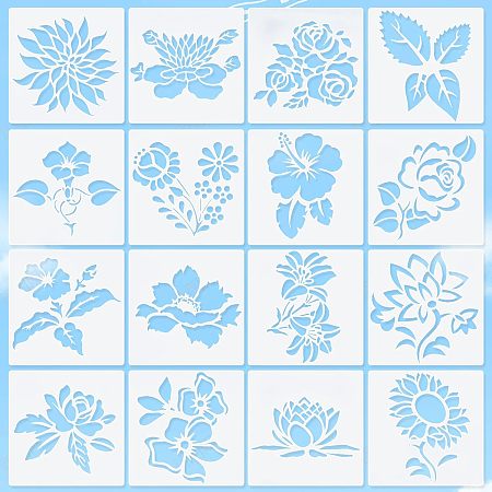 GORGECRAFT 16PCS 16 Patterns 6 x 6 Flower Hollow Out Stencils Reusable Rose Painting Stencil Large Mixed Floral Lotus Leaves Sunflowers Morning Glory Drawing Template for DIY Crafts Scrapbook Journal