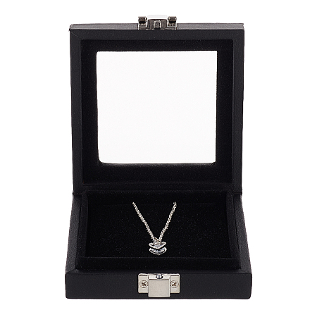 FINGERINSPIRE Imitation Leather Jewelry Organizer Box, with Glass Window and Clasps, for Jewelry Storage Package, Square, Black, 9.6x9.15x3cm
