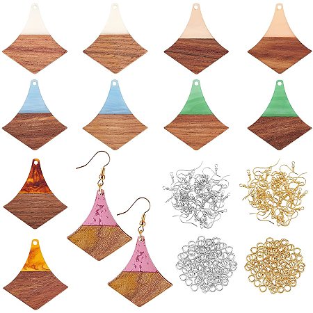 OLYCRAFT 172pcs Rhombus Resin Wooden Earring Pendants Resin Walnut Wood Earring Makings Kit Vintage Resin Wood Statement Jewelry Findings with Earring Hooks Jump Rings for Jewelry Making - 6 Styles