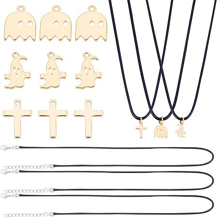 PandaHall Elite Ghost Cross Charms Necklace, 16pcs Halloween Charms 18K Gold Horror Pendants Brass Cute Charms Black Wax Cord Chains for Necklace Bracelet Choker Making