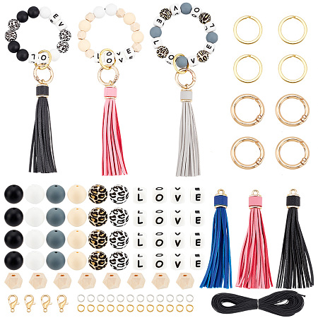 AHANDMAKER Silicone Beads Bulk for Keychain Making Kit, 15mm Leopard Silicone Beads Natural Wood Beads Love Cube Beaded with Tassel Clasps Key Ring Elastic Cord Set for DIY Keychain Bracelets Making