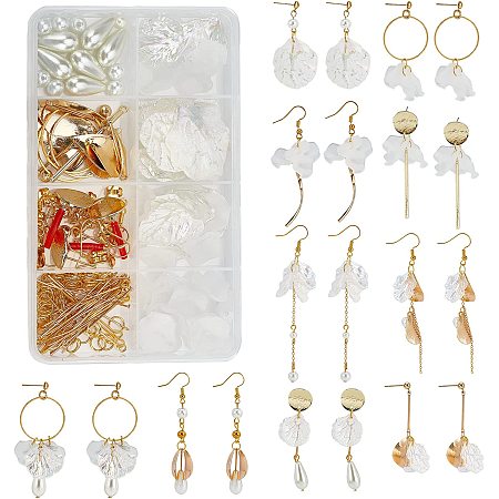 SUNNYCLUE 1 Box DIY 10 Pairs White Flower Charms Acrylic Flower Petal Earrings Making Kit 3D Flower Charms for Jewelry Making Post Earring Findings Spcer Beads Imotation Pearl Bead Craft Instruction