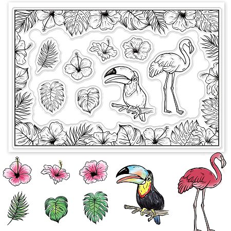 GLOBLELAND 1Sheet Tropical Plants Border Edge Clear Stamp Flamingos and Toucans Transparent Silicone Stamp Butterfly and Hibiscus Flowers Stamp for Scrapbook Journal Card Making