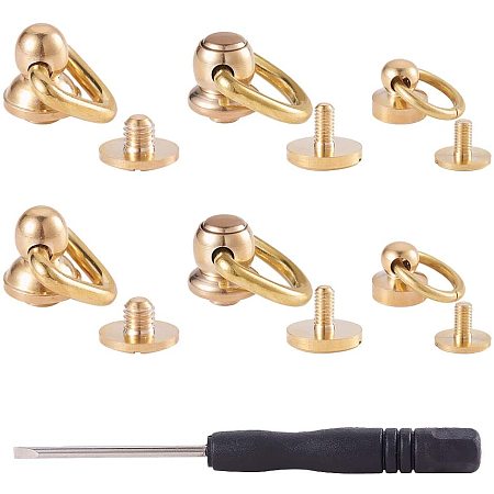 PandaHall Elite 6 pcs Brass Ball Studs Rivets Nails Rotatable D Ring Buckle Handle Connector Leather Craft Spot Spike Tack with Mini Iron Screwdriver for DIY Leather Crafts Bag Making, Golden