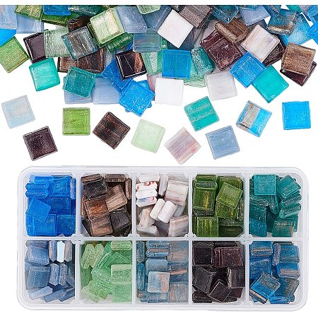 PH PandaHall 300pcs Glass Mosaic Pieces Chips 10 Color Square Mosaic Tiles for DIY Crafts, Plates, Vases, Picture Frames, Flowerpots, Handmade Jewelry