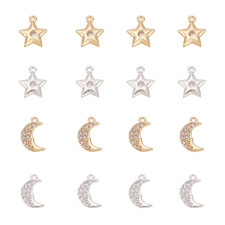 Arricraft 16 Pieces 2 Colors Cubic Zirconia Star and Moons Charms, Light Gold Rhinestone Charms Micro Crystal Celestial Beads for Bracelet Necklace Jewelry Making