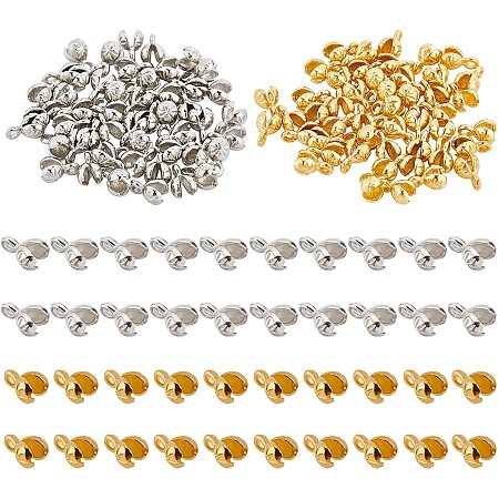 CHGCRAFT 100Pcs Brass and Silver Bead Tips Knot Covers Clamshell Fold-Over Bead Tips Knot Covers Metal Open Bead Tips Knot Covers with Pattern for Jewelry Making DIY Findings Crafts
