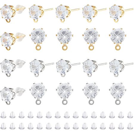 SUPERFINDINGS 16 Pairs Brass Cubic Zirconia Stud Earring Findings with 40Pcs Plastic Ear Nuts for Earrings Jewelry Making, Hole: 1mm, Pin: 0.7mm