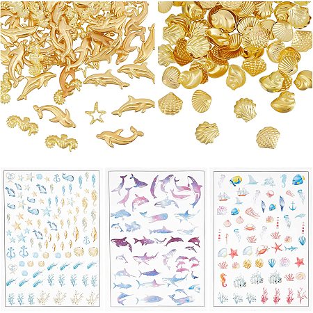 OLYCRAFT 160Pcs Ocean Themed Resin Fillers 8-Style Alloy Epoxy Resin Supplies Whale Alloy Cabochons Starfish Shell Dolphin Resin Accessories with 4 Sheets 3D Resin Stickers for Resin Jewelry Making