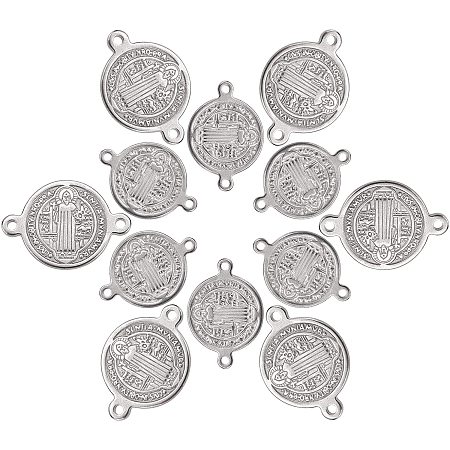 DICOSMETIC 12Pcs 2 Style Stainless Steel Saint Benedict Medallion Connectors Flat Round Cross God Father Link Religious Protector Connectors for Bracelet Necklace Earrings Making