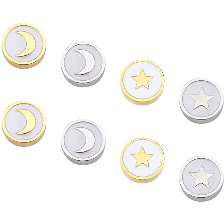 DICOSMETIC 8pcs 2 Styles 9.5mm Golden and Stainless Steel Color Flat Round Enamel Beads Star Enamel Beads Moon Enamel Beads Metal Spacer Beads for Jewelry Making,Hole:2mm