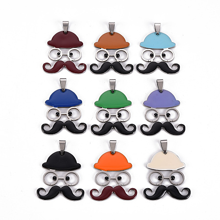 ARRICRAFT 201 Stainless Steel Enamel Pendants, Human with Mustache and Hat, Mixed Color, 35x31.5x2mm, Hole: 8x4mm