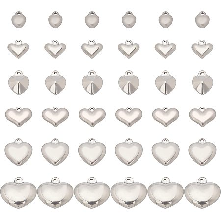 UNICRAFTALE 36pcs 6 Sizes Heart Pendants Stainless Steel Love Pendant Charm Hypoallergenic Metal Charm for DIY Jewelry Making 1.6~1.8mm Hole Stainless Steel Color