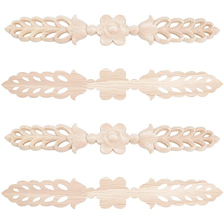 SUPERFINDINGS 4pcs Wood Carved Applique Onlay Furniture Unpainted Decoration Wood Carved Decoration Appliques for Front Door Cabinet Decoration, 243x34x7mm