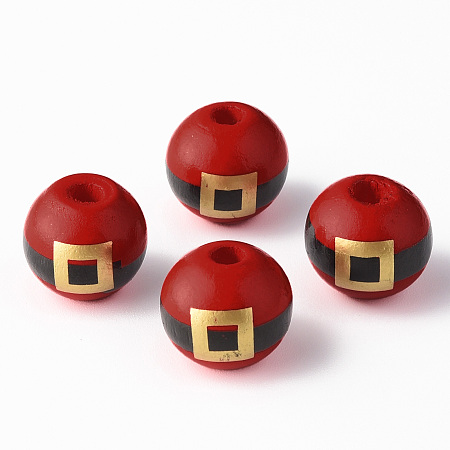 Honeyhandy Painted Natural Wood Beads, Round with Belt, Christmas Style, Red, 16x15mm, Hole: 4mm