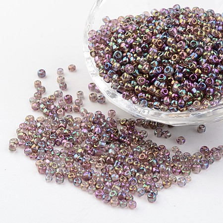 Honeyhandy Round Glass Seed Beads, Trans. Colors Rainbow, Misty Rose, Size: about 3mm in diameter, hole: 1mm, about 1102pcs/50g